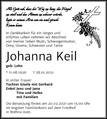 Traueranzeige von Johanna Keil von Mitteldeutsche Zeitung Bitterfeld