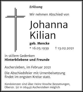Traueranzeige von Johanna Kilian von Super Sonntag Aschersleben