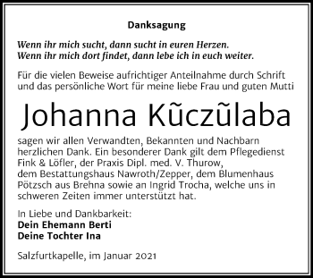Traueranzeige von Johanna Kuczulaba von Mitteldeutsche Zeitung Bitterfeld