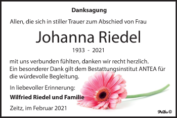Traueranzeige von Johanna Riedel von Super Sonntag Zeitz