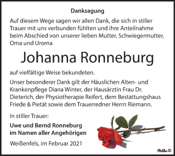 Traueranzeige von Johanna Ronneburg von Mitteldeutsche Zeitung Weißenfels