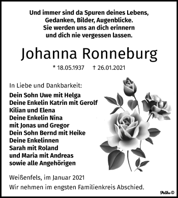 Traueranzeige von Johanna Ronneburg von Super Sonntag Weißenfels