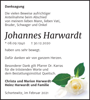Traueranzeige von Johannes Harwardt von Super Sonntag Köthen