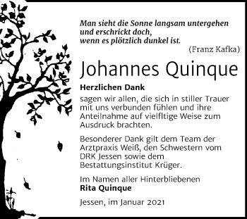Traueranzeige von Johannes Quinque von Mitteldeutsche Zeitung Wittenberg