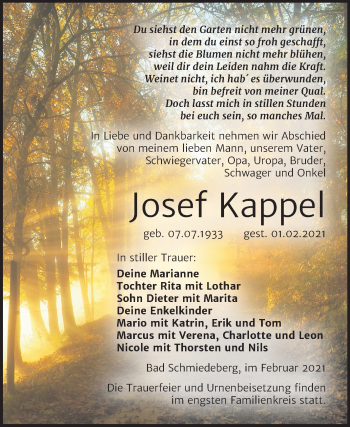 Traueranzeige von Josef Kappel von Mitteldeutsche Zeitung Wittenberg