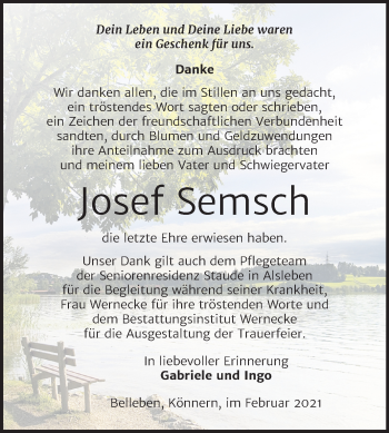 Traueranzeige von Josef Semsch von Super Sonntag Bernburg