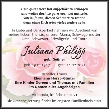 Traueranzeige von Juliane Philipp von Super Sonntag Naumburg/Nebra