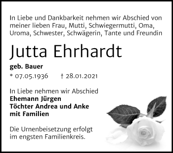 Traueranzeige von Jutta Ehrhardt von Super Sonntag Bernburg