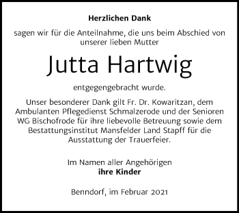 Traueranzeige von Jutta Hartwig von Mitteldeutsche Zeitung Mansfelder Land