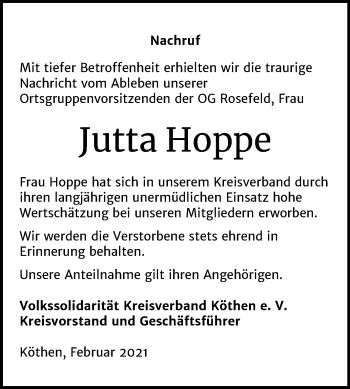 Traueranzeige von Jutta Hoppe von Super Sonntag Köthen