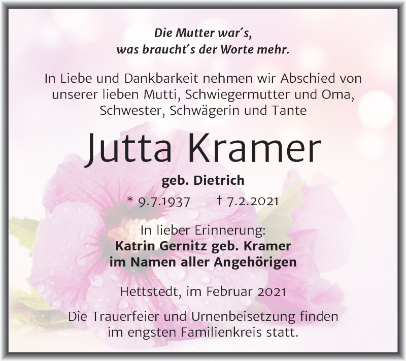  Traueranzeige für Jutta Kramer vom 13.02.2021 aus Mitteldeutsche Zeitung Mansfelder Land