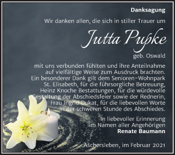 Traueranzeige von Jutta Pupke von Super Sonntag Aschersleben