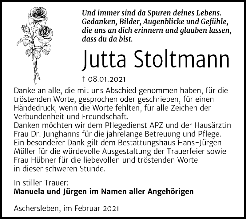  Traueranzeige für Jutta Stoltmann vom 20.02.2021 aus Super Sonntag Aschersleben