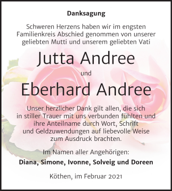 Traueranzeige von Jutta und Eberhard Andree von Super Sonntag Köthen