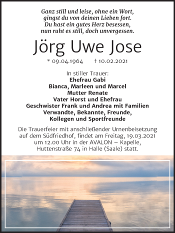 Traueranzeige von Jörg Uwe Jose von Mitteldeutsche Zeitung Halle/Saalkreis