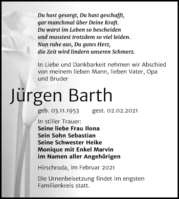Traueranzeige von Jürgen Barth von Super Sonntag Naumburg/Nebra