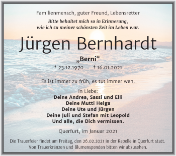 Traueranzeige von Jürgen Bernhardt von Super Sonntag Merseburg/Querfurt
