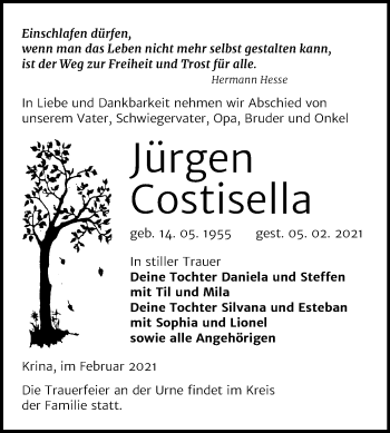 Traueranzeige von Jürgen Costisella von Mitteldeutsche Zeitung Bitterfeld