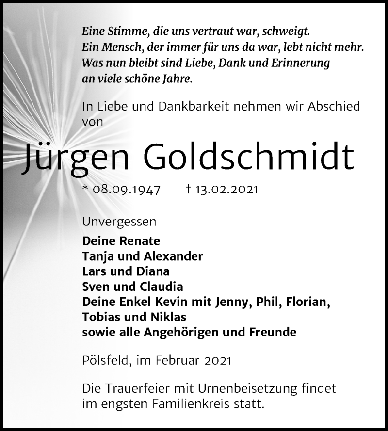  Traueranzeige für Jürgen Goldschmidt vom 19.02.2021 aus Mitteldeutsche Zeitung Sangerhausen