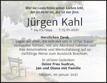 Traueranzeige von Jürgen Kahl von Super Sonntag Mansfelder Land