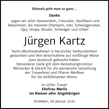 Traueranzeige von Jürgen Kartz von Super Sonntag Bernburg