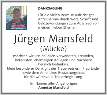 Traueranzeige von Jürgen Mansfeld von Super Sonntag Dessau-Roßlau