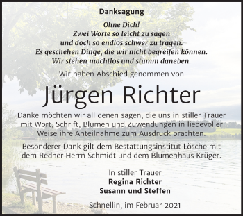 Traueranzeige von Jürgen Richter von Mitteldeutsche Zeitung Wittenberg