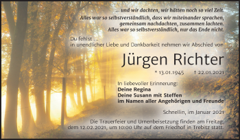 Traueranzeige von Jürgen Richter von Super Sonntag Wittenberg