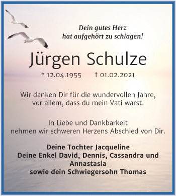 Traueranzeige von Jürgen Schulze von Mitteldeutsche Zeitung Wittenberg