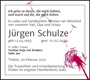 Traueranzeige von Jürgen Schulze von Mitteldeutsche Zeitung Wittenberg