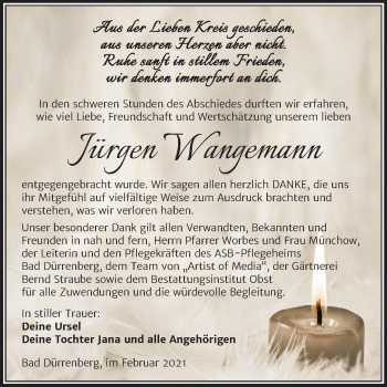 Traueranzeige von Jürgen Wangemann von Mitteldeutsche Zeitung Merseburg/Querfurt