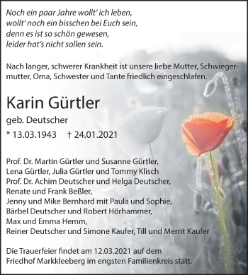 Traueranzeige von Karin Gürtler von Mitteldeutsche Zeitung Halle/Saalkreis