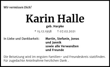 Traueranzeige von Karin Halle von Super Sonntag Dessau-Roßlau