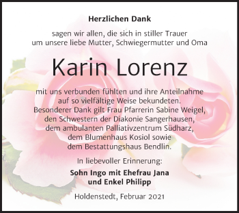 Traueranzeige von Karin Lorenz von Super Sonntag Sangerhausen