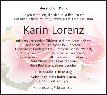 Traueranzeige von Karin Lorenz von Mitteldeutsche Zeitung Sangerhausen