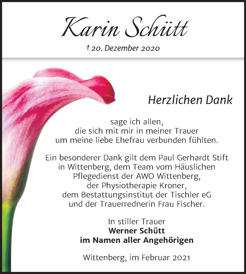  Traueranzeige für Karin Schütt vom 13.02.2021 aus Mitteldeutsche Zeitung Wittenberg