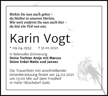 Traueranzeige von Karin Vogt von Mitteldeutsche Zeitung Halle/Saalkreis