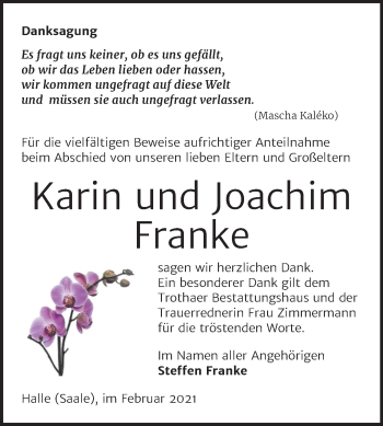 Traueranzeige von Karin und Joachim Franke von Mitteldeutsche Zeitung Halle/Saalkreis