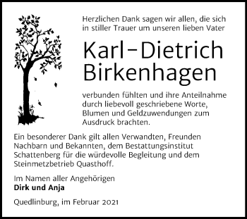 Traueranzeige von Karl-Dietrich Birkenhagen von Mitteldeutsche Zeitung Quedlinburg