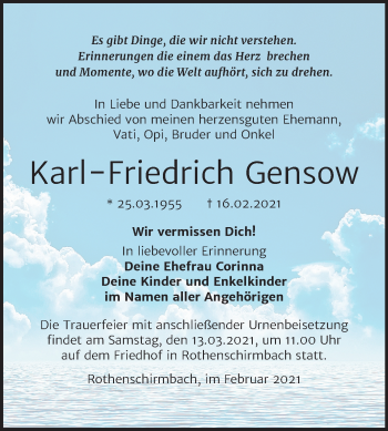 Traueranzeige von Karl-Friedrich Gensow von Super Sonntag Mansfelder Land