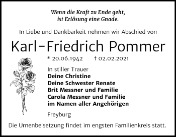 Traueranzeige von Karl-Friedrich Pommer von Mitteldeutsche Zeitung Merseburg/Querfurt