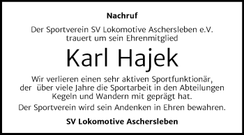 Traueranzeige von Karl Hajek von Mitteldeutsche Zeitung Aschersleben