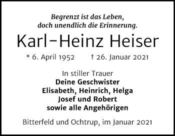 Traueranzeige von Karl-Heinz Heiser von Mitteldeutsche Zeitung Bitterfeld