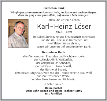 Traueranzeige von Karl-Heinz Löser von Super Sonntag Weißenfels