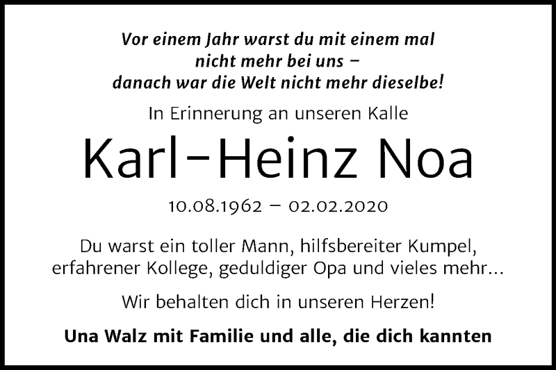  Traueranzeige für Karl-Heinz Noa vom 02.02.2021 aus Mitteldeutsche Zeitung Halle/Saalkreis
