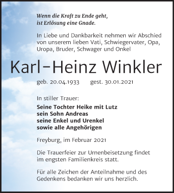Traueranzeige von Karl-Heinz Winkler von Super Sonntag Naumburg/Nebra