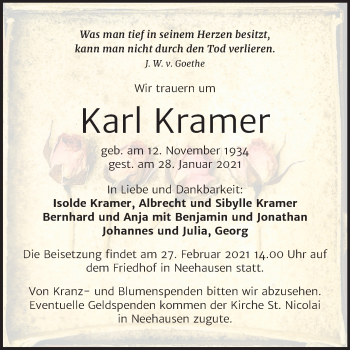 Traueranzeige von Karl Kramer von Super Sonntag Mansfelder Land