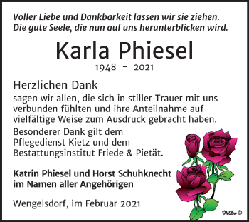 Traueranzeige von Karla Phiesel von Super Sonntag Weißenfels