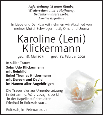 Traueranzeige von Karoline Klickermann von Mitteldeutsche Zeitung Bitterfeld