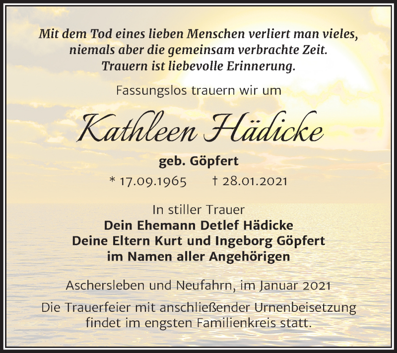  Traueranzeige für Kathleen Hädicke vom 06.02.2021 aus Mitteldeutsche Zeitung Aschersleben